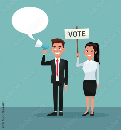 background scene people man in formal suit speaks for dialog box and woman with banner promoving vote vector illustration photo