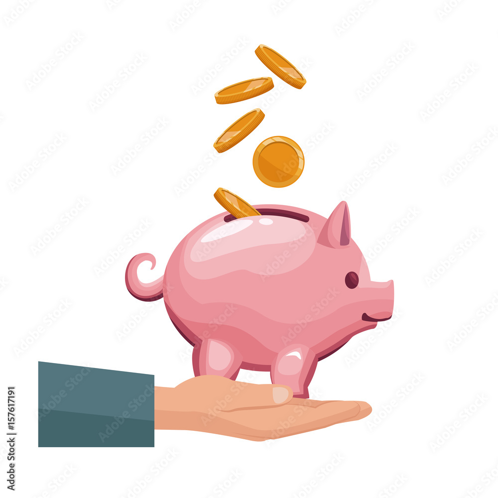 Fototapeta premium coin depositing in a money piggy bank on human hands vector illustration
