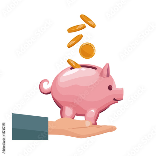 coin depositing in a money piggy bank on human hands vector illustration