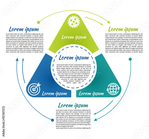 Circle infographic template 3 steps and central element in triangle. For presentation and design concept. Vector illustration.