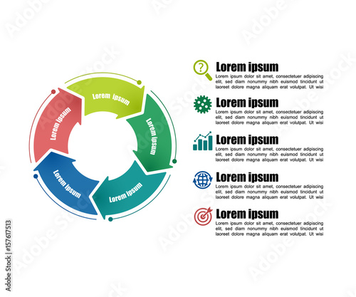 Circle infographic template 5 steps. For presentation and design concept. Bright color arrows. Vector illustration.