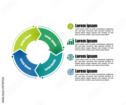 Circle infographic template 4 steps. For presentation and design concept. Bright color arrows. Vector illustration.