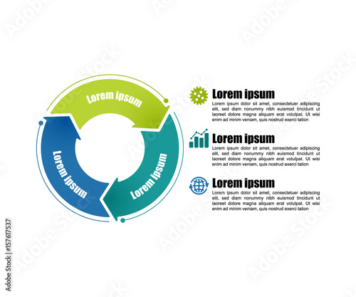 Circle infographic template 3 steps. For presentation and design concept. Bright color arrows. Vector illustration.
