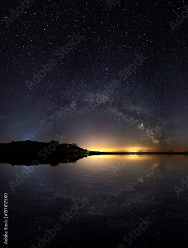 Amazing Panoramic Landscape view of a Milky Way. Milky Way over the lake.