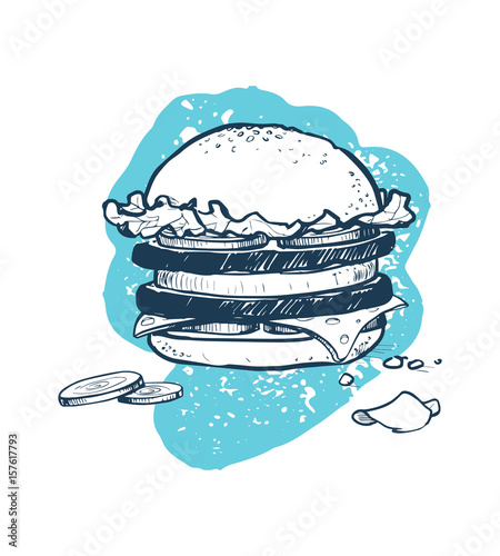 Hamburger hand drawn icon. Fast food restaurant menu sketch, vintage vector illustration isolated on white background.