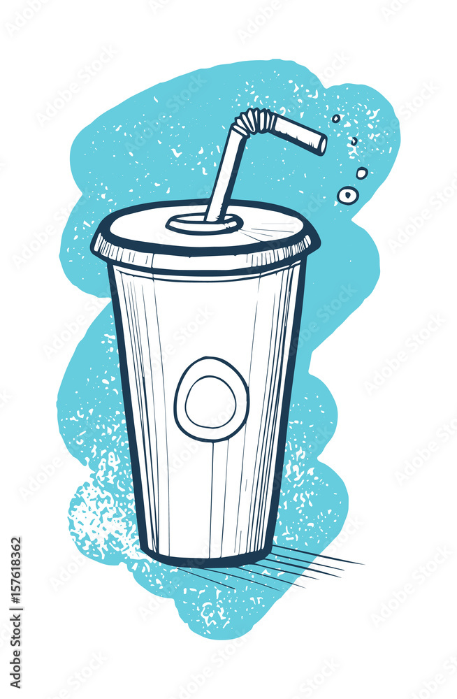 Cold drink in plastic cup hand drawn icon. Fast food restaurant menu sketch, vintage vector illustration isolated on white background. Cold drink in plastic cup hand drawn icon. Fast food restaurant menu sketch, vintage vector illustration isolated on white background.