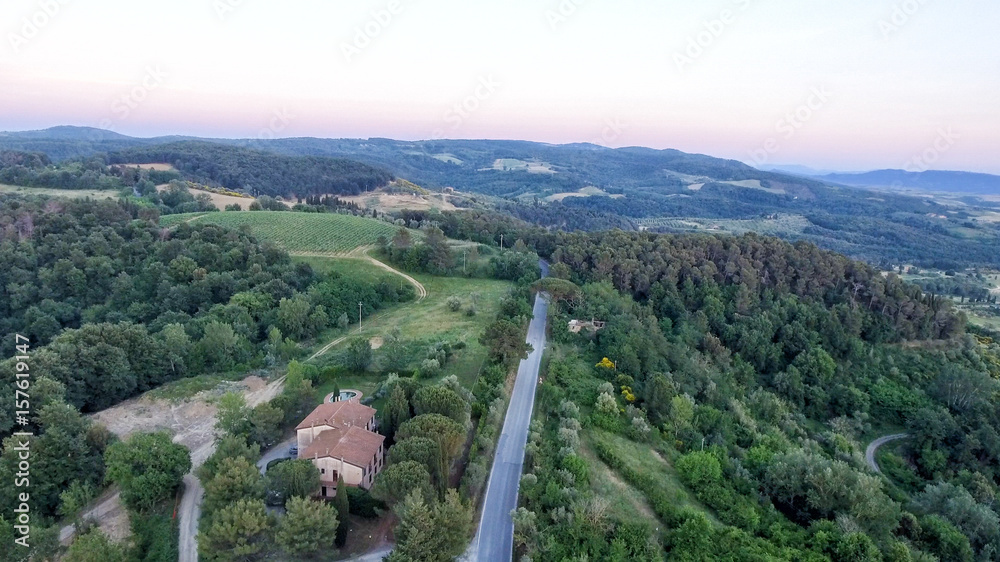 Beautiful hills of Tuscany, aerial view at dusk