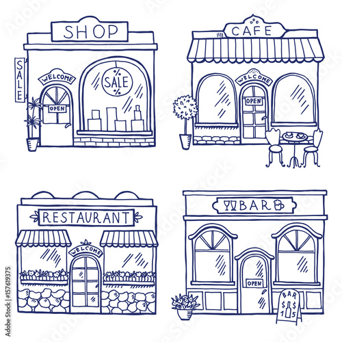 Hand drawn illustration of different buildings and market places. Restaurant, cafe, bar and shop