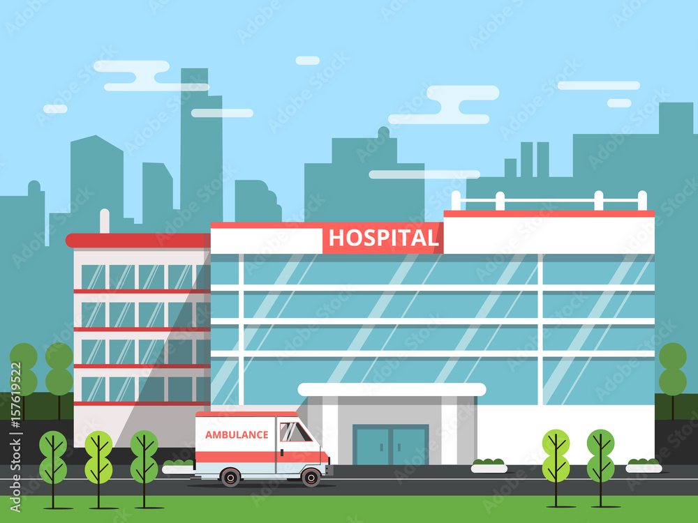 Health center, exterior of hospital building. Ambulance vector illustration