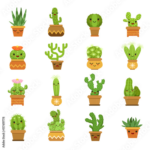 Cute desert plants. Cactus in pots, vector cartoon mascot with different emotions