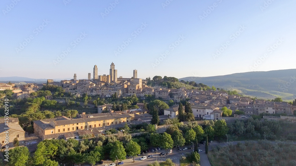 Beautiful aerial view of San Gimignano, small medieval town of Tuscany - Italy