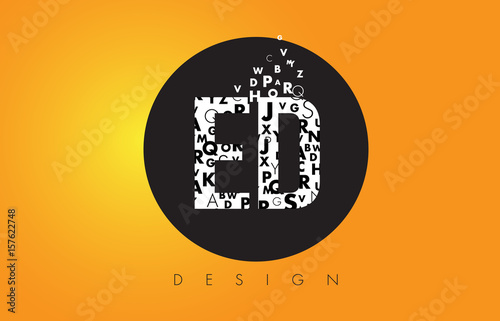 ED E D Logo Made of Small Letters with Black Circle and Yellow Background.