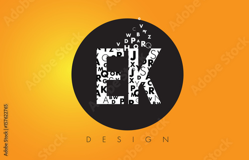 EK E K Logo Made of Small Letters with Black Circle and Yellow Background.