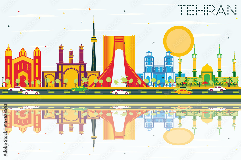 Tehran Skyline with Color Landmarks, Blue Sky and Reflections.
