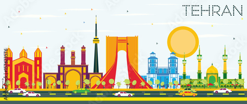 Tehran Skyline with Color Landmarks and Blue Sky.