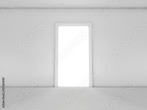 Open door in a room with the outgoing light. 3D rendering