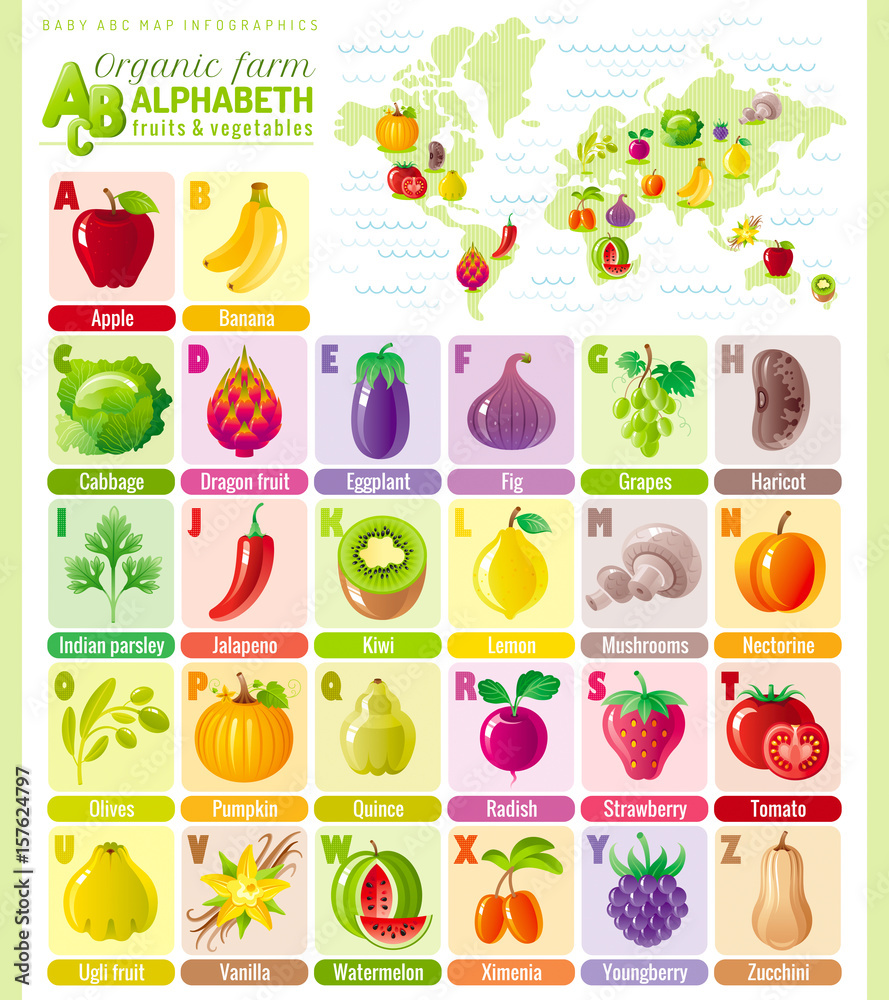 Alphabet Food Infographics Fruit Vegetable Berry Spice Icon Set