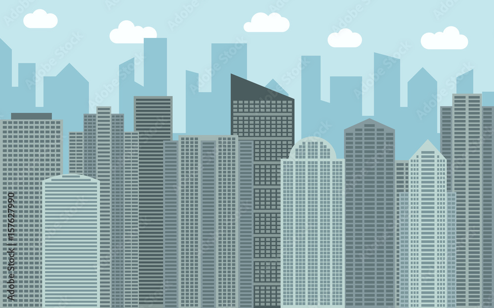 Vector urban landscape illustration. Street view with cityscape, skyscrapers and modern buildings at sunny day. City space in flat style background concept.
