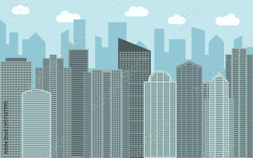 Vector urban landscape illustration. Street view with cityscape  skyscrapers and modern buildings at sunny day. City space in flat style background concept.  