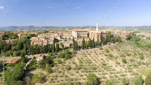 Beautiul aerial view of Pienza, Tuscany medieval town on the hill