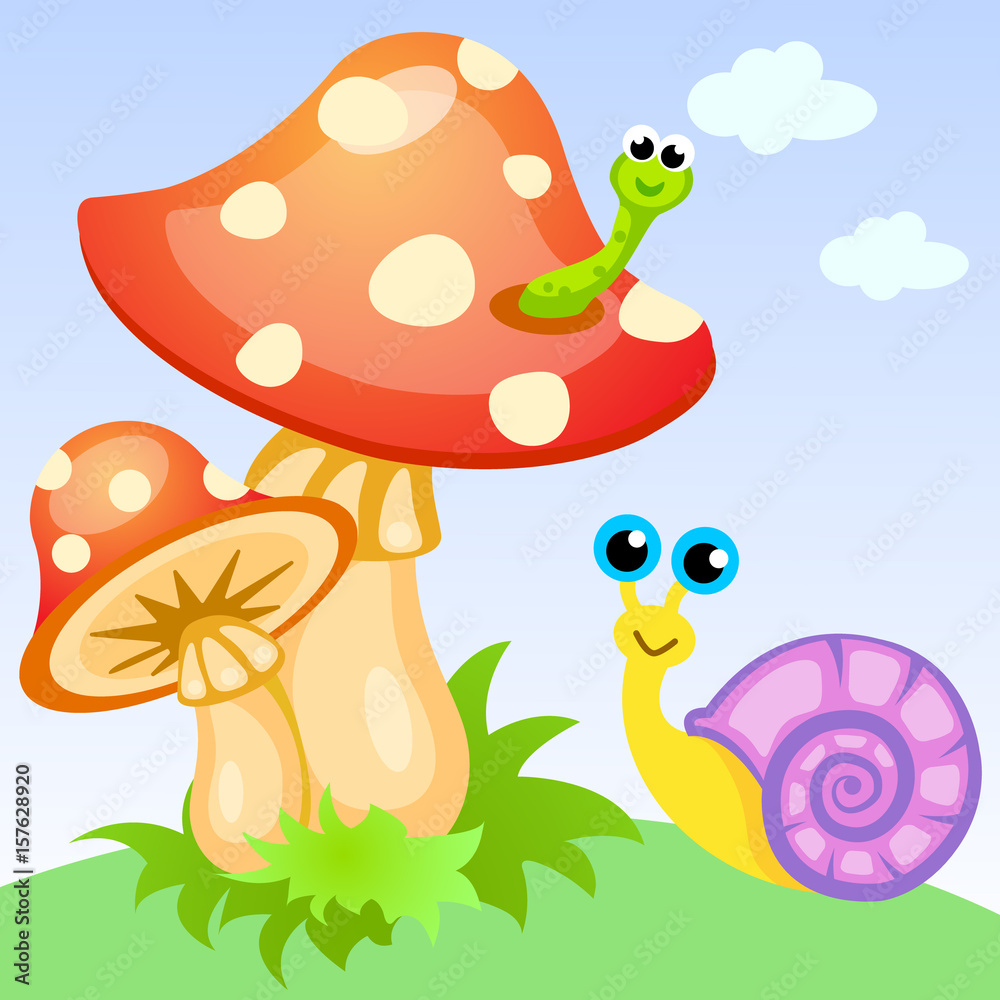 Amanita poisonous mushroom. Caterpillar and snail. Amanita poisonous mushroom. Caterpillar and snail.