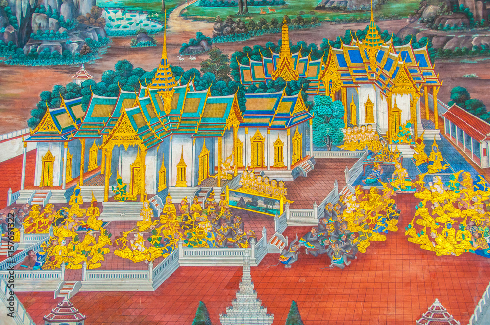 Thai Mural Paintings on the wall, Wat Phra Kaew at Bangkok, Thailand. The scenes of Ramayana story.