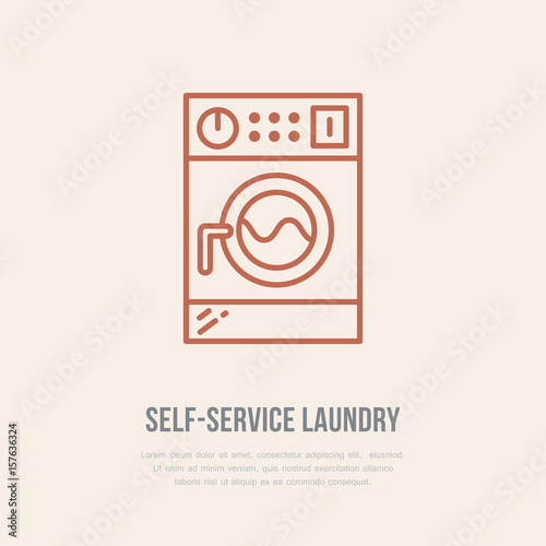 Washing machine icon, washer line logo. Flat sign for launderette service. Logotype for self-service laundry, clothing cleaning business.