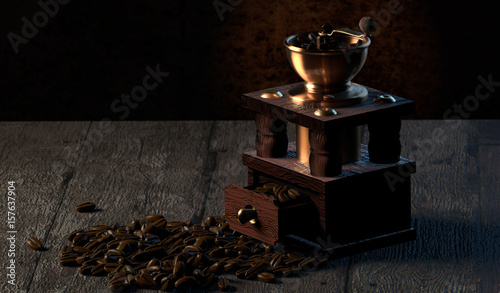 Coffee grinder on wooden table and dark background