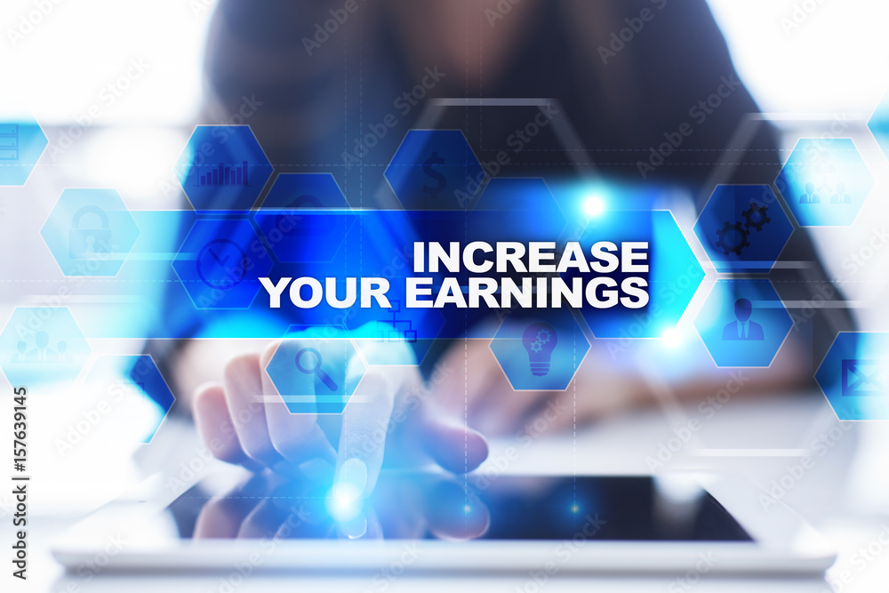 Woman using tablet pc, pressing on virtual screen and selecting increase your earnings. Woman using tablet pc, pressing on virtual screen and selecting increase your earnings.