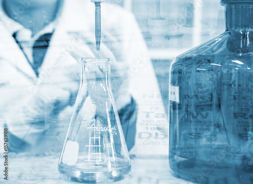 Scientist hand titration with burette and erlenmeyer flask, science laboratory research and development concept photo