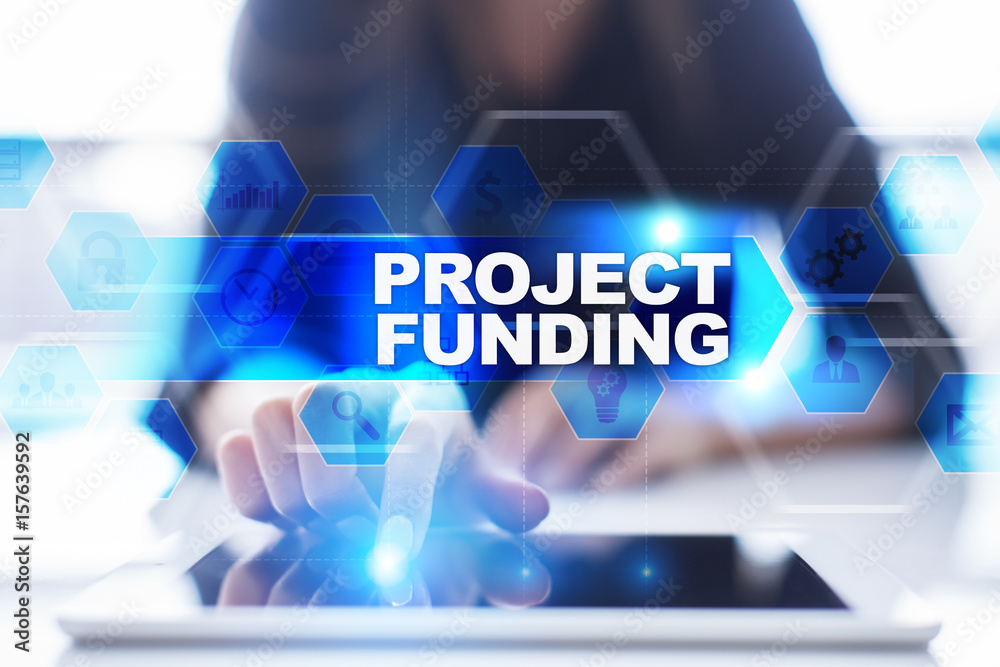 Woman using tablet pc, pressing on virtual screen and selecting project funding. Woman using tablet pc, pressing on virtual screen and selecting project funding.