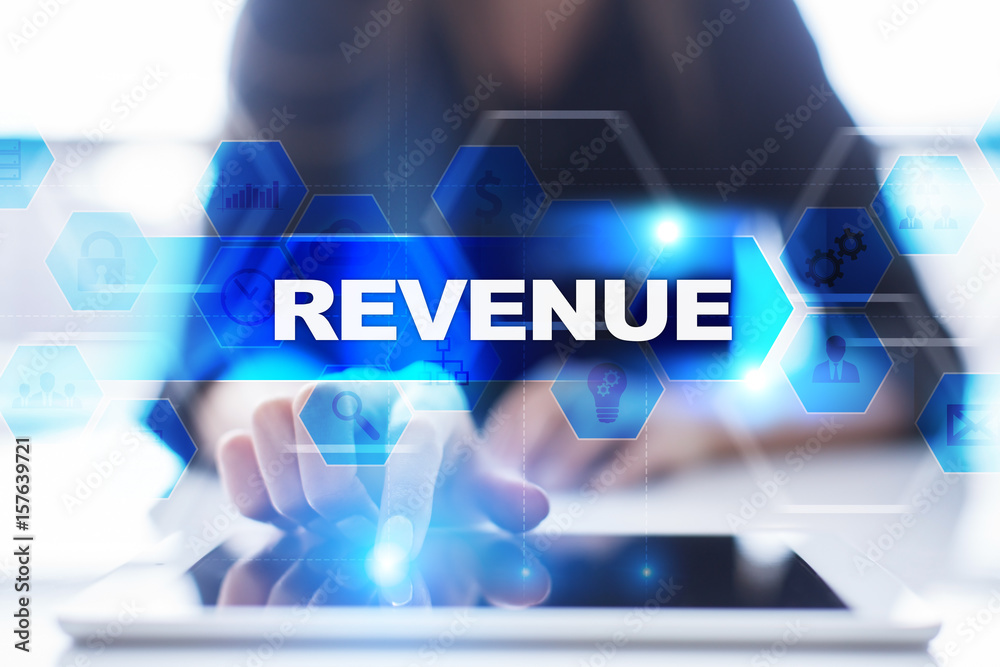 Woman using tablet pc, pressing on virtual screen and selecting revenue. Woman using tablet pc, pressing on virtual screen and selecting revenue.