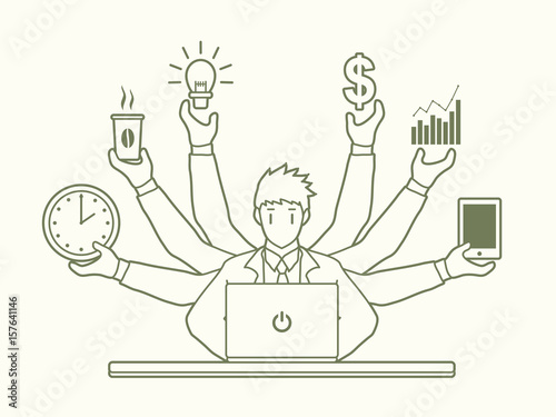 Busy Businessman with many hands holding many items outline stroke graphic vector