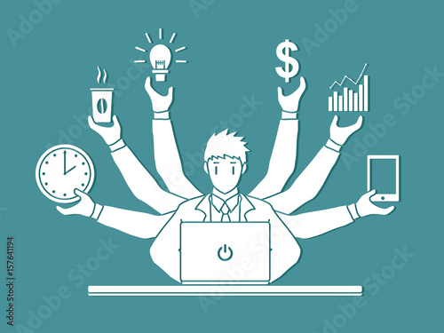 Busy Businessman with many hands holding many items graphic vector