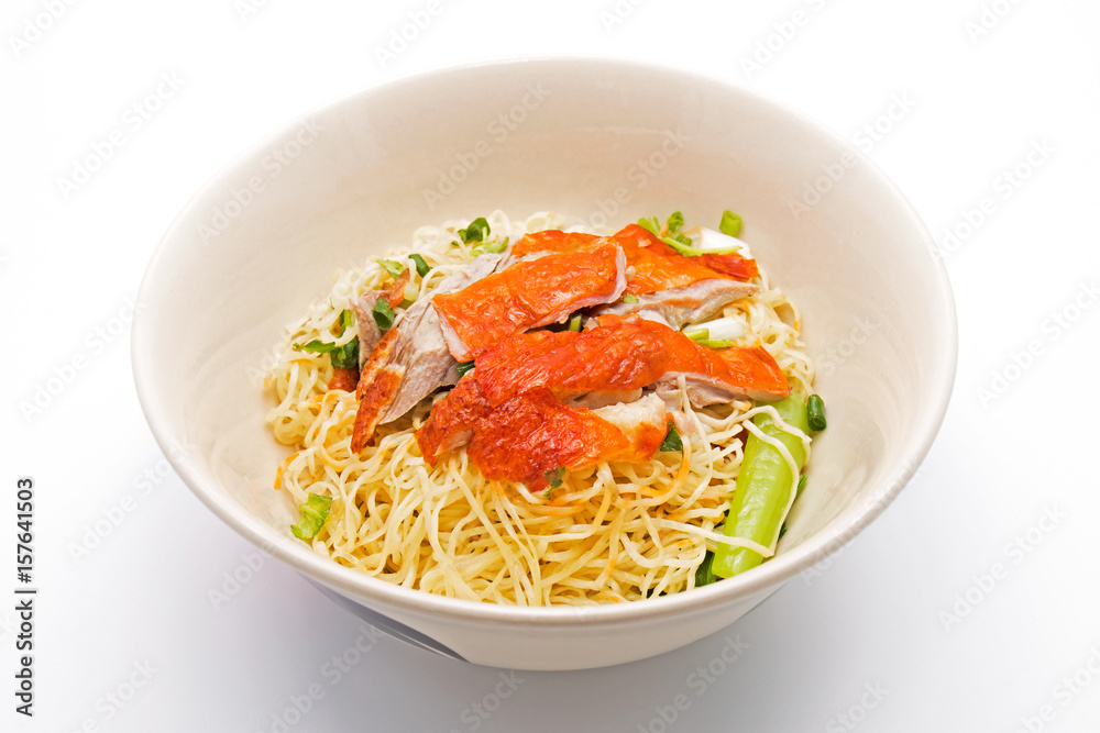 Dry Noodles with Roast Duck on White Background Dry Noodles with Roast Duck on White Background