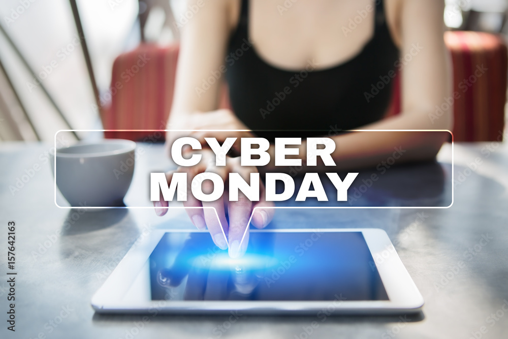 Woman using tablet pc and selecting cyber monday. Woman using tablet pc and selecting cyber monday.
