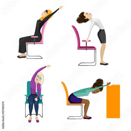 Different nationality business women are doing exercises in the office.