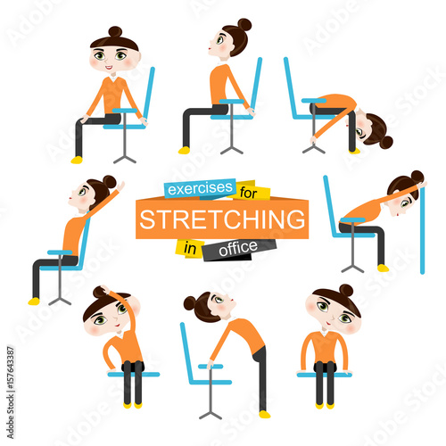Pretty girl is doing exercises for stretching on the office chair. Stock  Vector | Adobe Stock