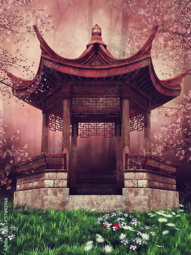 Fototapeta Orientalna altana wśród kolorowych kwiatów i drzew