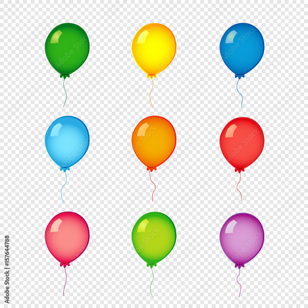Colored helium balloons on transparent background. Green, yellow, blue, orange, red and violet color helium balloons vector set