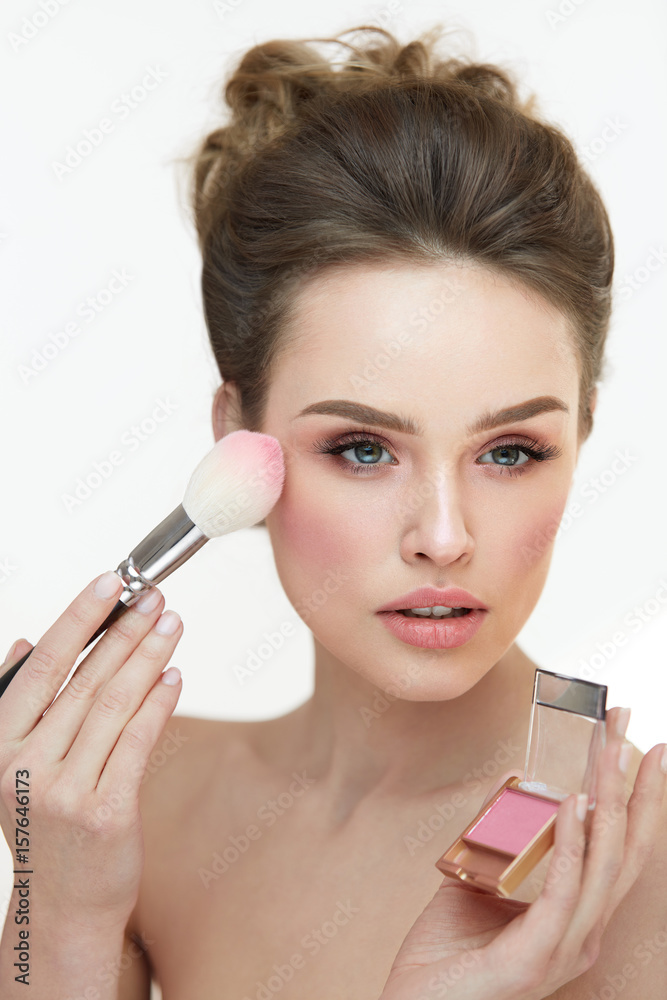 Woman Face Makeup. Close Up Hands Applying Blush On Female Face Woman Face Makeup. Close Up Hands Applying Blush On Female Face