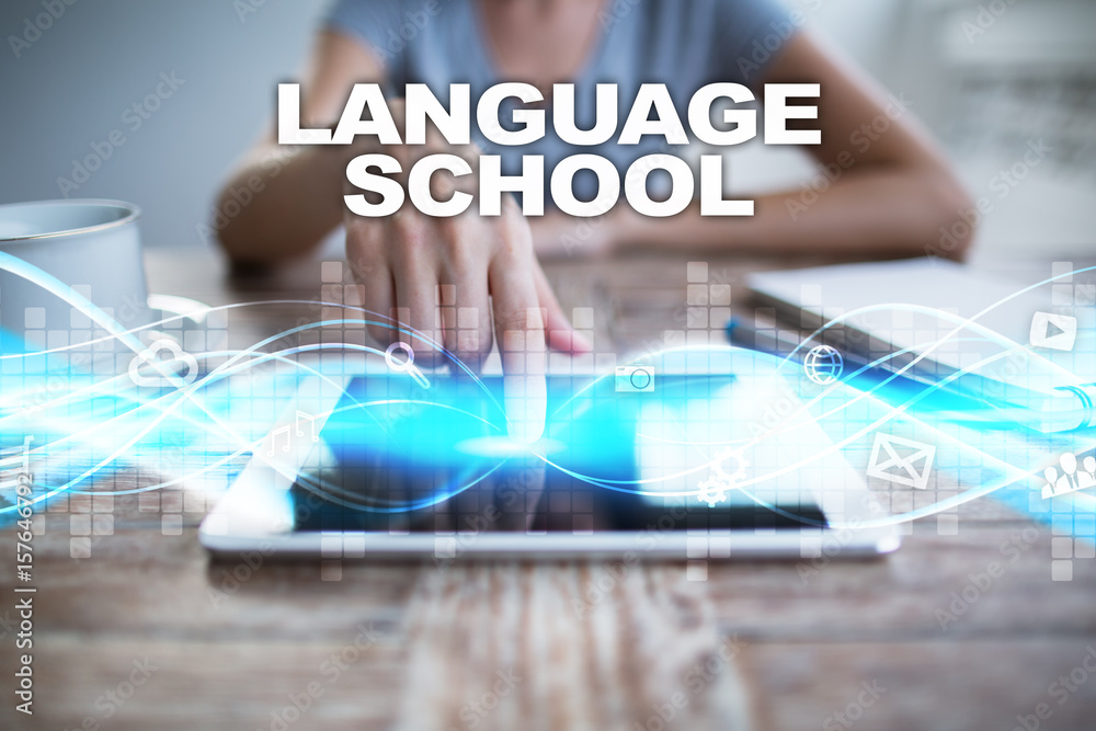 Woman using tablet pc, pressing on virtual screen and selecting language school. Woman using tablet pc, pressing on virtual screen and selecting language school.