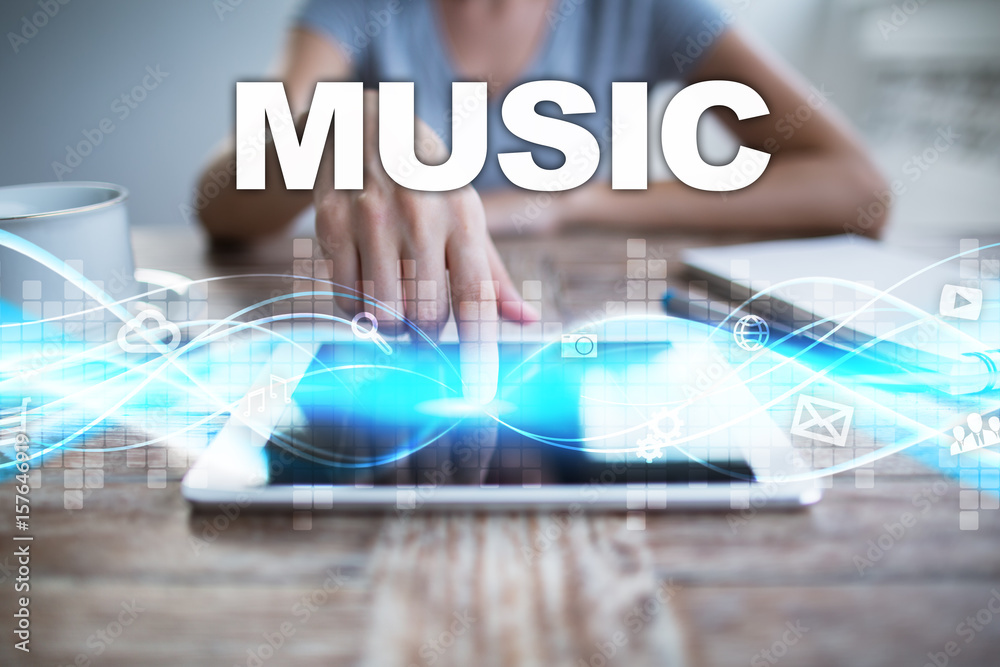 Woman using tablet pc, pressing on virtual screen and selecting music. Woman using tablet pc, pressing on virtual screen and selecting music.