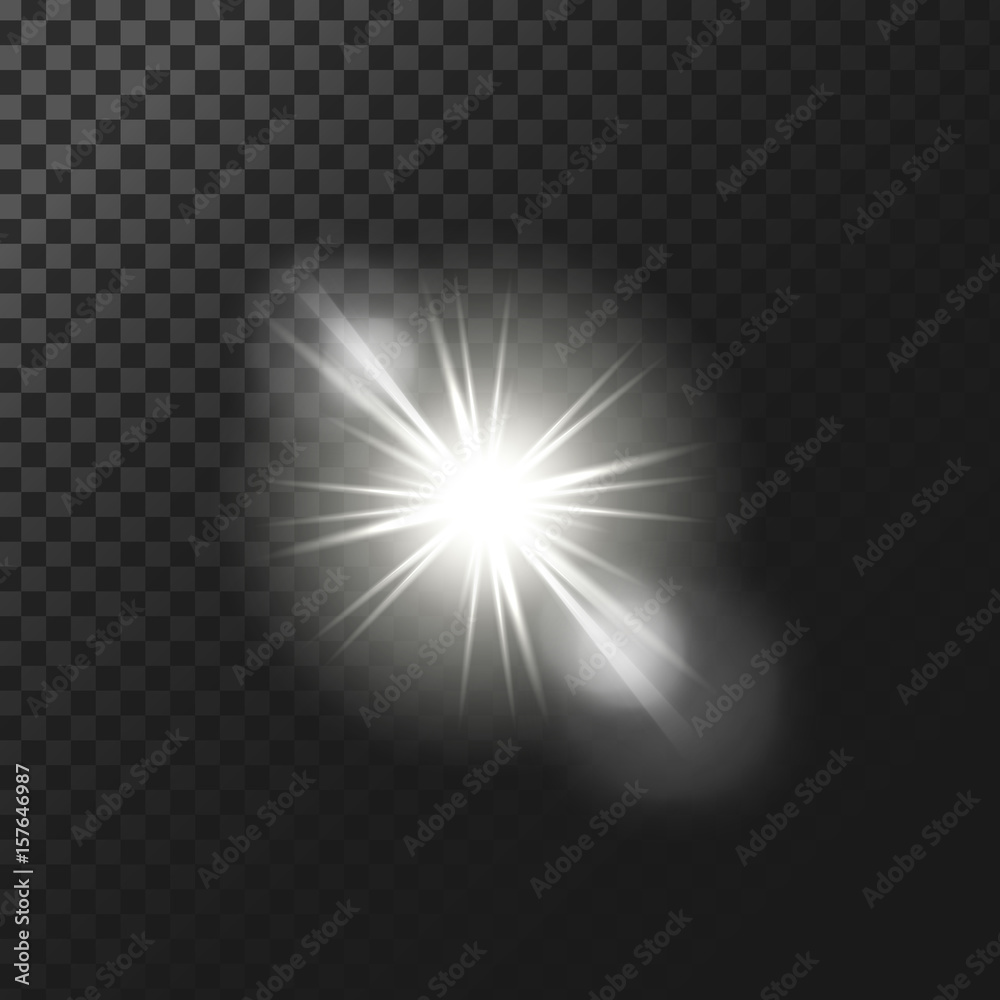 Vector illustration of a white glowing light effect with rays and lens flares isolated on a dark translucent background Vector illustration of a white glowing light effect with rays and lens flares isolated on a dark translucent background
