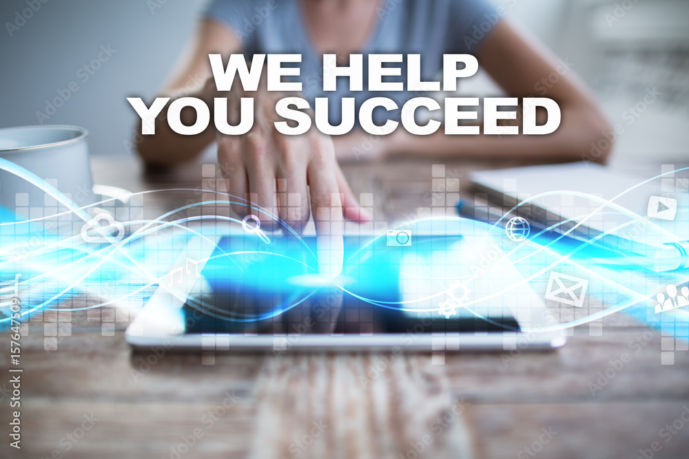 Woman using tablet pc, pressing on virtual screen and selecting we help you succeed. Woman using tablet pc, pressing on virtual screen and selecting we help you succeed.