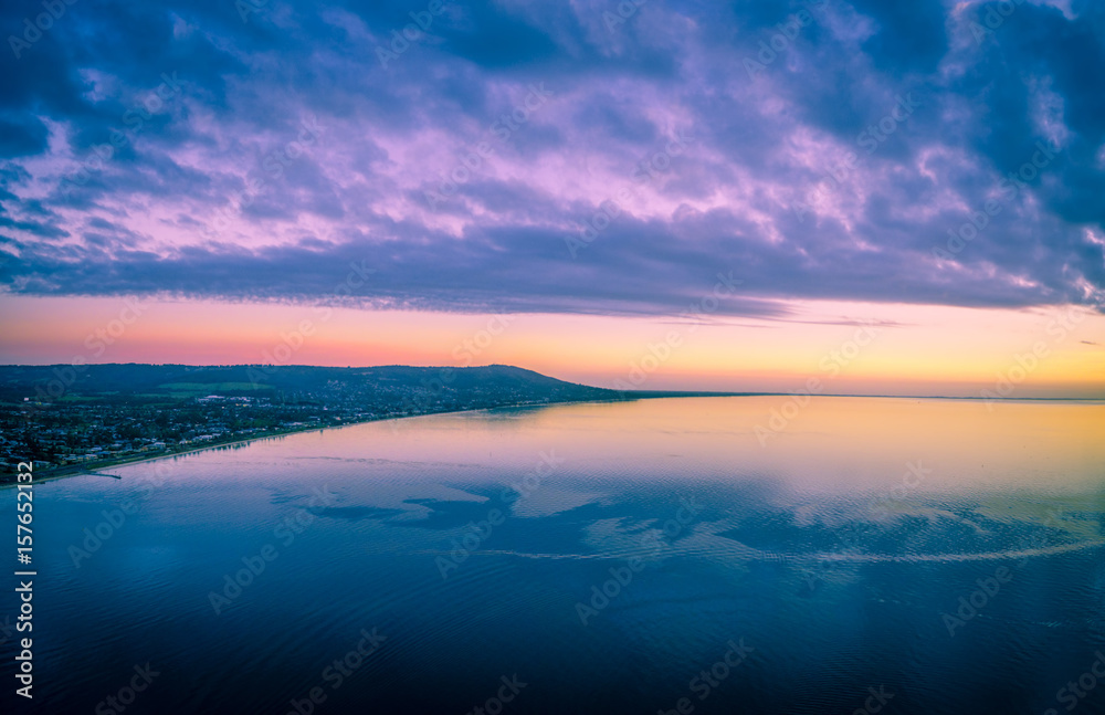 Aerial view of sunset on Mornington Peninsual coastline and Port Phillip Bay. Melbourne VIctoria, Australia