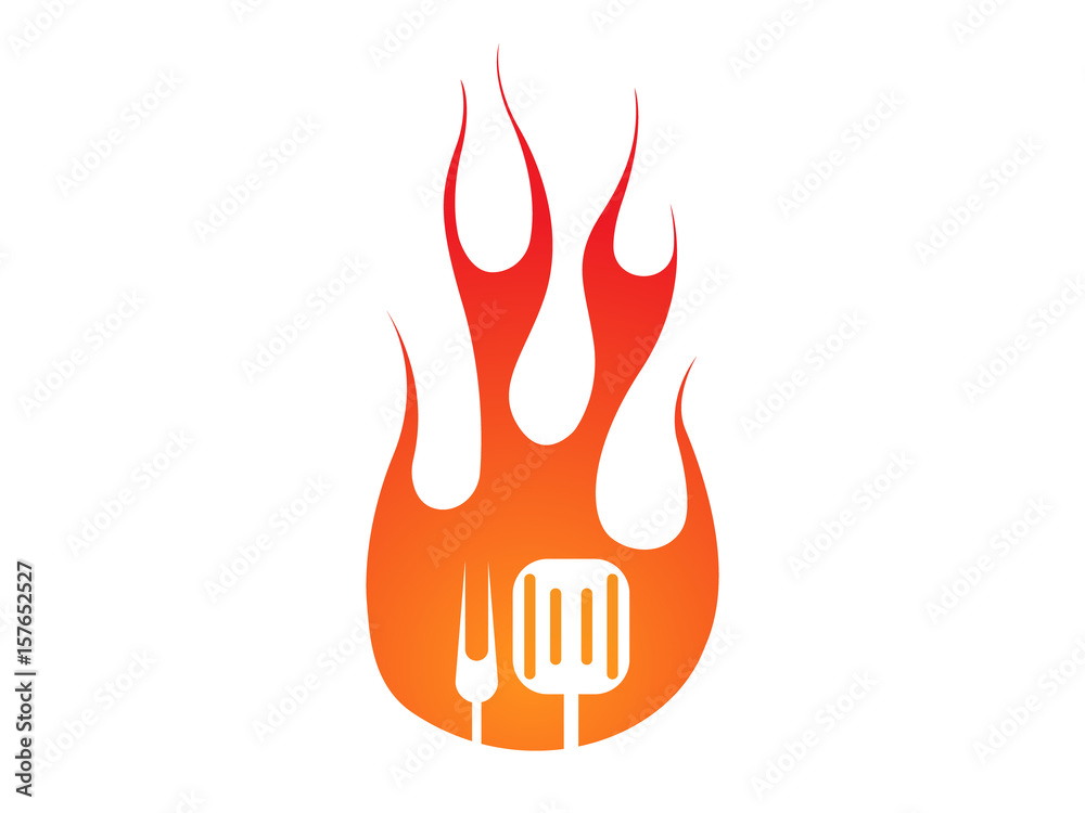 BBQ icon logo. Grill fork and spatula on a fire shape background BBQ icon logo. Grill fork and spatula on a fire shape background