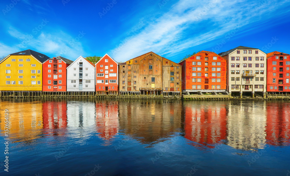Old timber buildings located along the river Nidelva in the historical center of Trondheim, Norway.