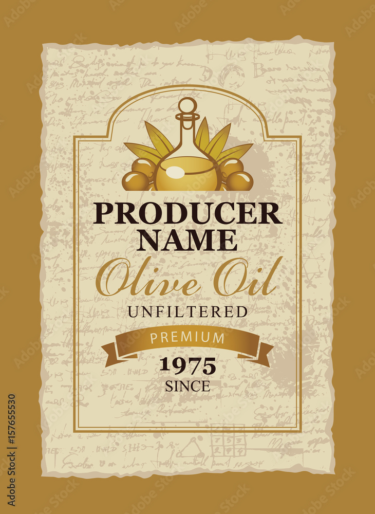 vector label for olive oil with a bottle and a branch of olive tree on ...