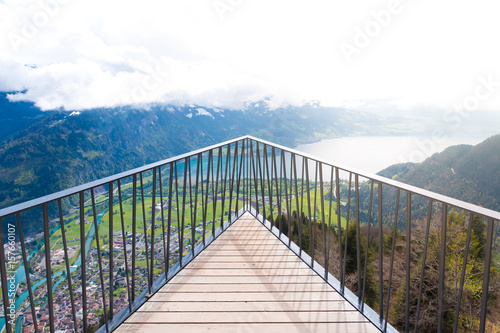 aerial view of the city district and Interlaken from viewpoint at Harder Kulm in Interlaken, Bern, Switzerland.